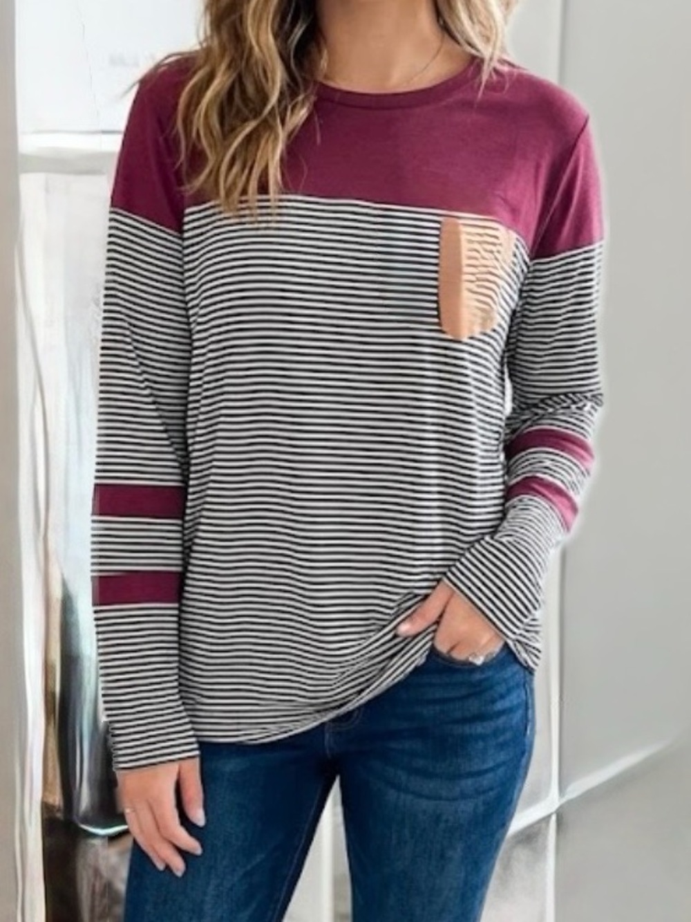 Striped Long-Sleeve Colorblock Tee in Burgundy and Black‎